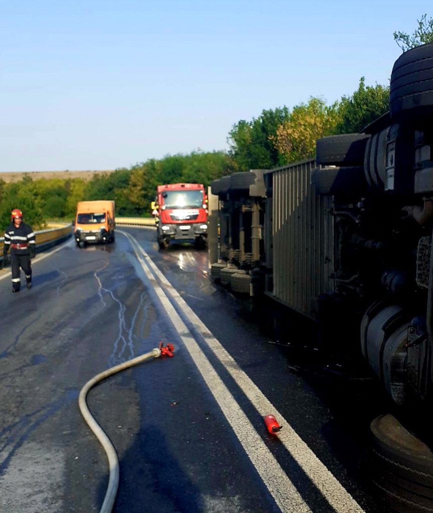 Camion plin cu porci, răsturnat în judeţul Giurgiu Foto: ISU Giurgiu