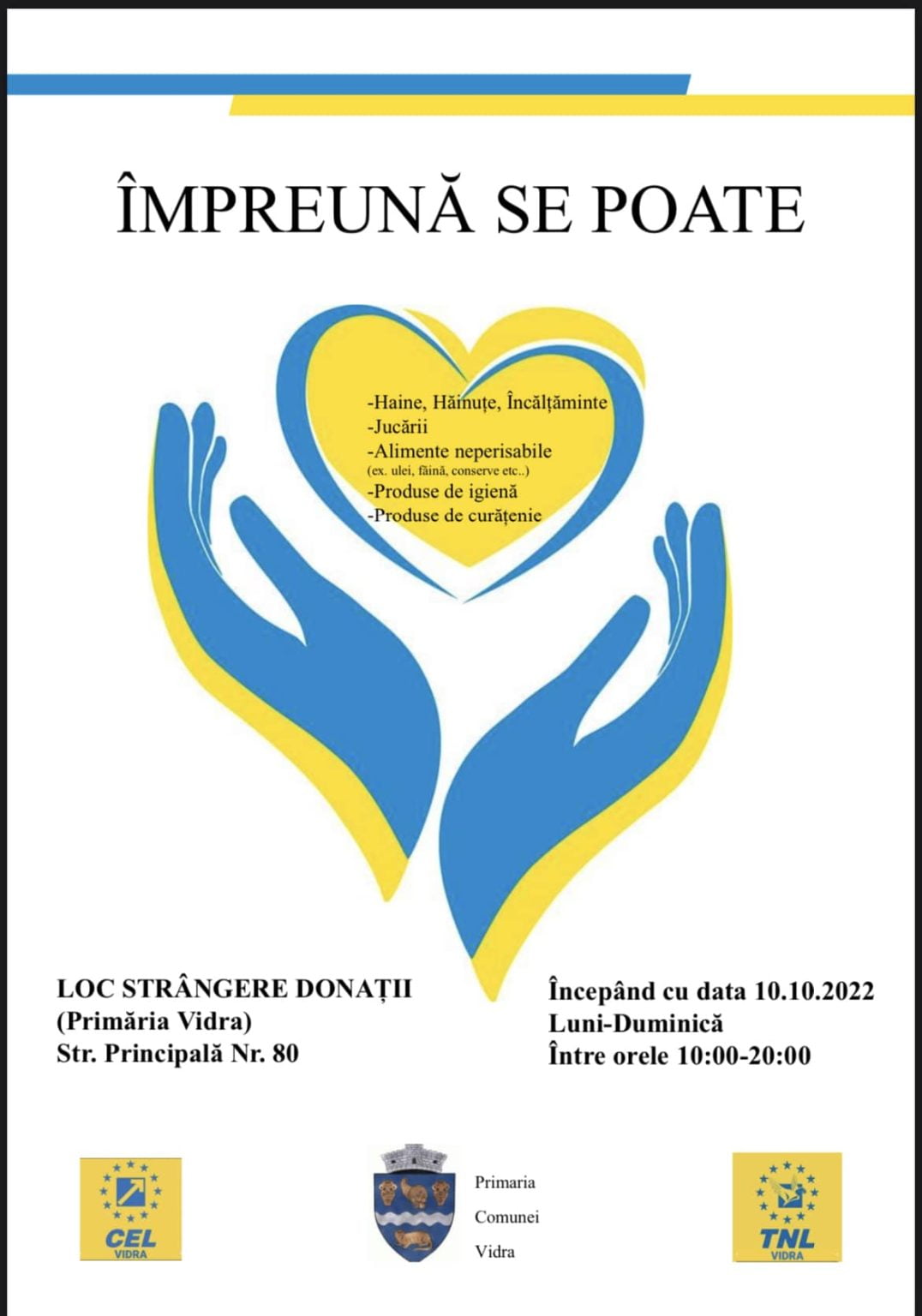 TNL şi Primăria Vidra au demarat o campanie de donaţii pentru persoanele defavorizate