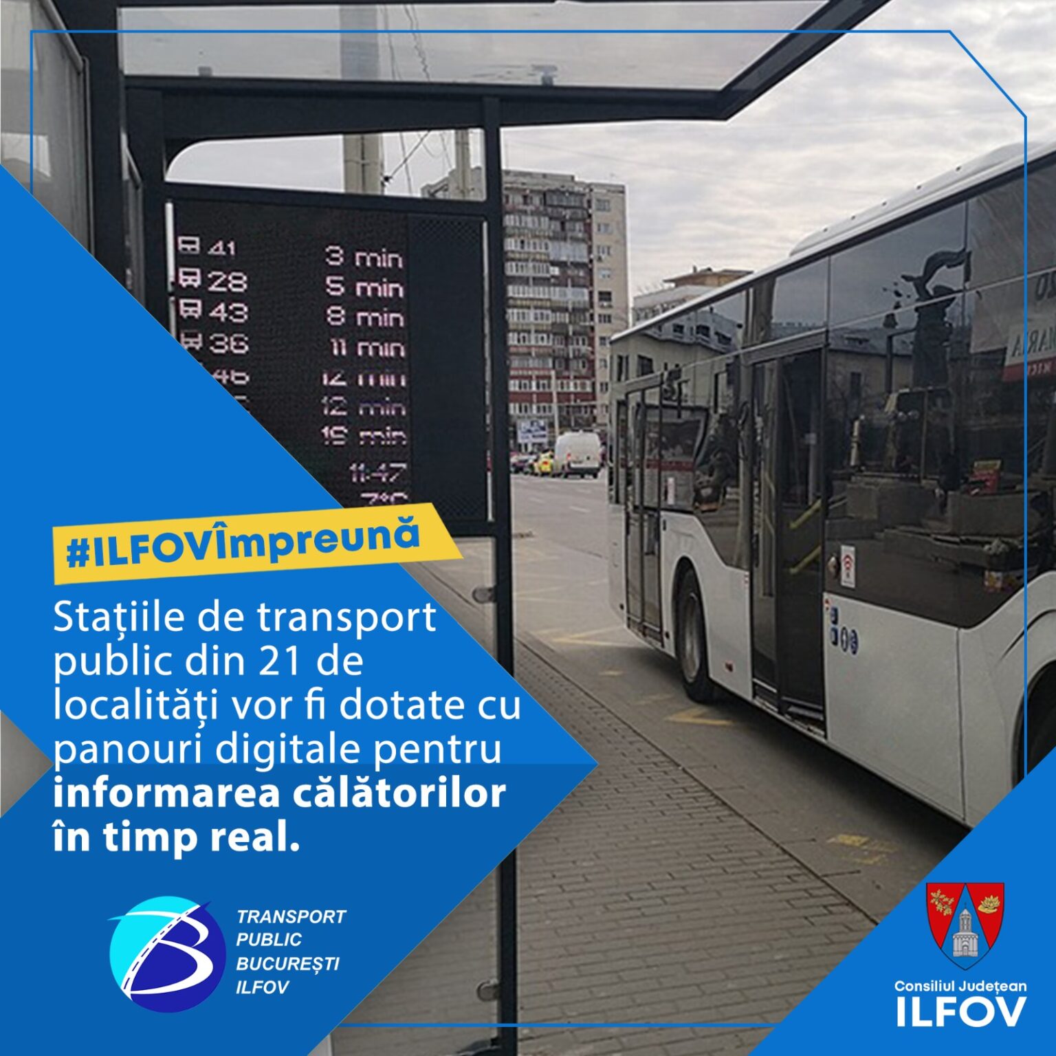 Panouri digitale pentru staţiile de transport public din 21 de localităţi ilfovene