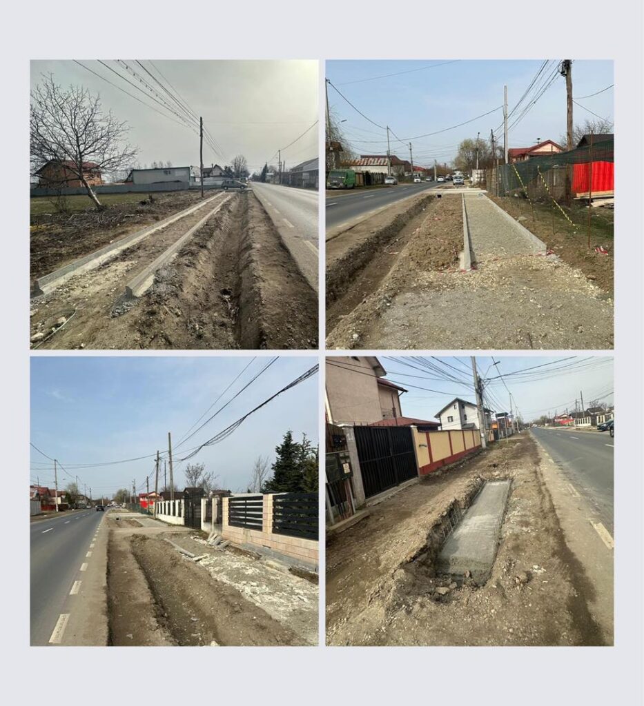 În localitatea 1 Decembrie, se lucrează la amenajarea trotuarelor și a podețelor adiacente drumului județean 401D. Foto: CJ Ilfov