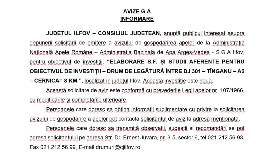 Anunţ Consiliul Judeţean Ilfov